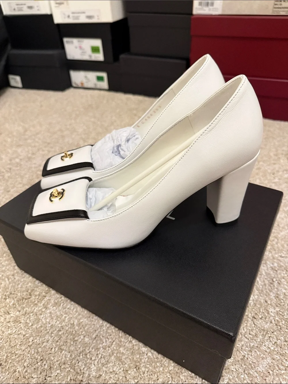 White Leather Square-Toe Loafers with Black Trim and Gold CC